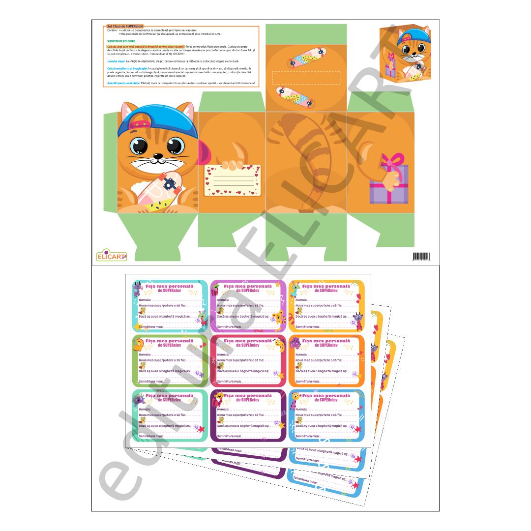 Set SUPERelevi - conține o planșă A3 (cutia + sugestii de folosire) și 3 planșe A4 cu Fișa mea personală de SUPERelev.