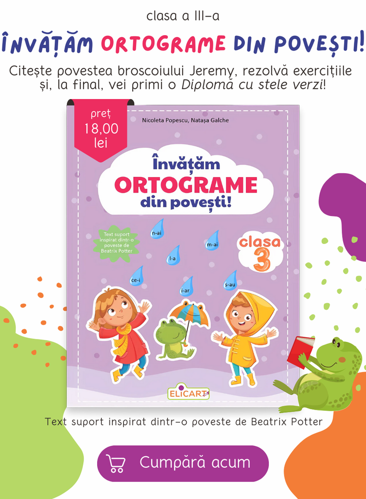 Învătăm ortograme din povești! Citește povestea broscoiului Jeremy, rezolvă exercițiile și, la final, vei primi o diplomă cu stele verzi! Text suport inspirat dintr-o poveste de Beatrix Potter. Cumpără acum!