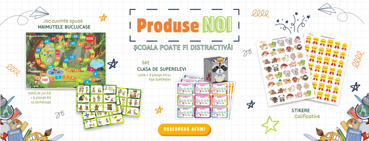 Produse noi - Școala poate fi distractivă! Descoperă: Tabla de joc Maimuțele buclucașe, set autocolante calificative, set clasă de SUPERelevi!
