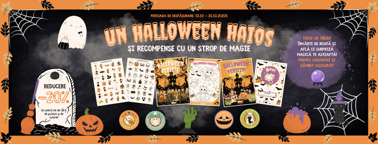 Un Halloween haios și recompense cu un strop de magie - perioada de desfășurare: 13.10 - 31.10.2025. Reducere de 20% la colecțiile de cărți de povești și de colorat. Trick or treat! Învârte roata și află ce surpriză magică te așteaptă! Premiu garantat și zâmbet asigurat!