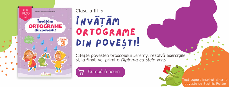 Învătăm ortograme din povești! Citește povestea broscoiului Jeremy, rezolvă exercițiile și, la final, vei primi o diplomă cu stele verzi! Text suport inspirat dintr-o poveste de Beatrix Potter. Cumpără acum!